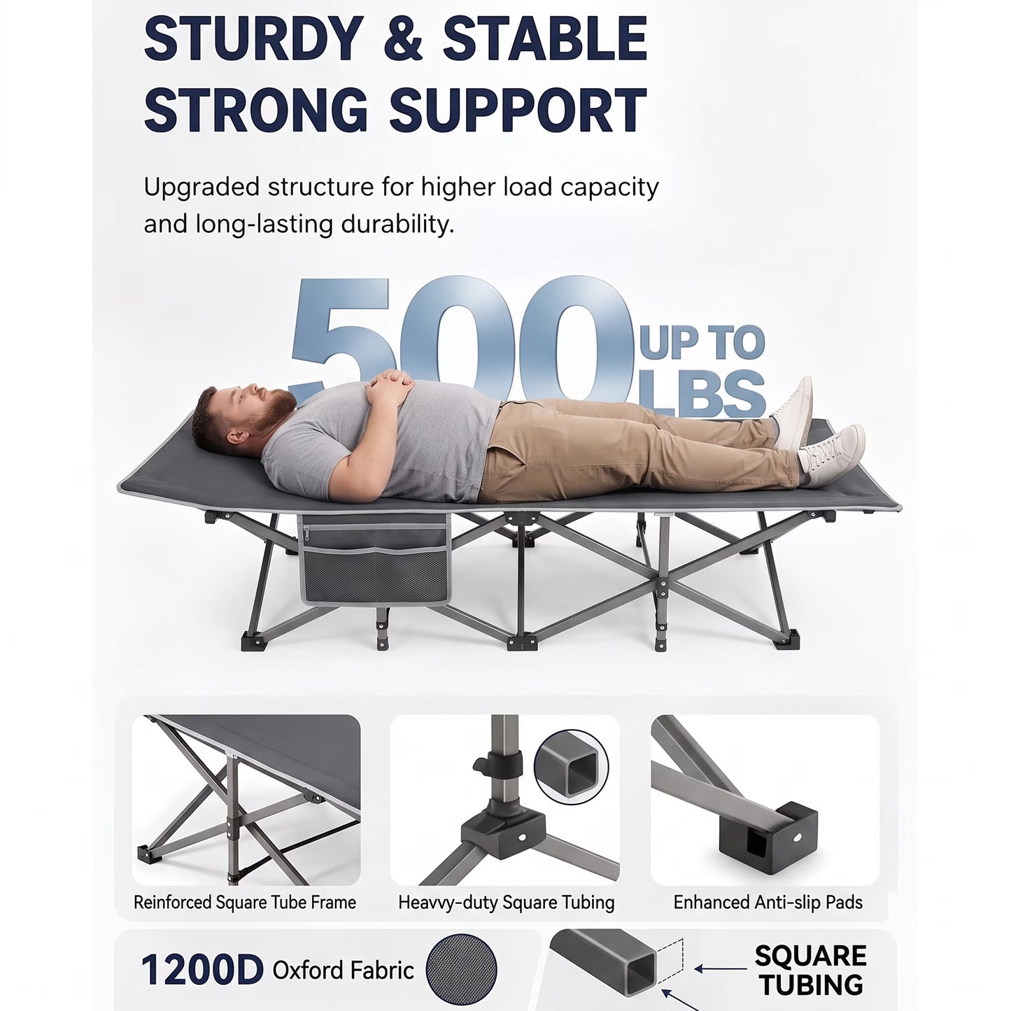 SROEDTY Camping Cot, Folding Camping Cot Bed for Adults Sleeping 1200D Double Layer Oxford Portable Folding Outdoor Cots for Camping W/Soft Pad Carry Bag for Home Office Nap Beach Travel, 500LBS,Grey