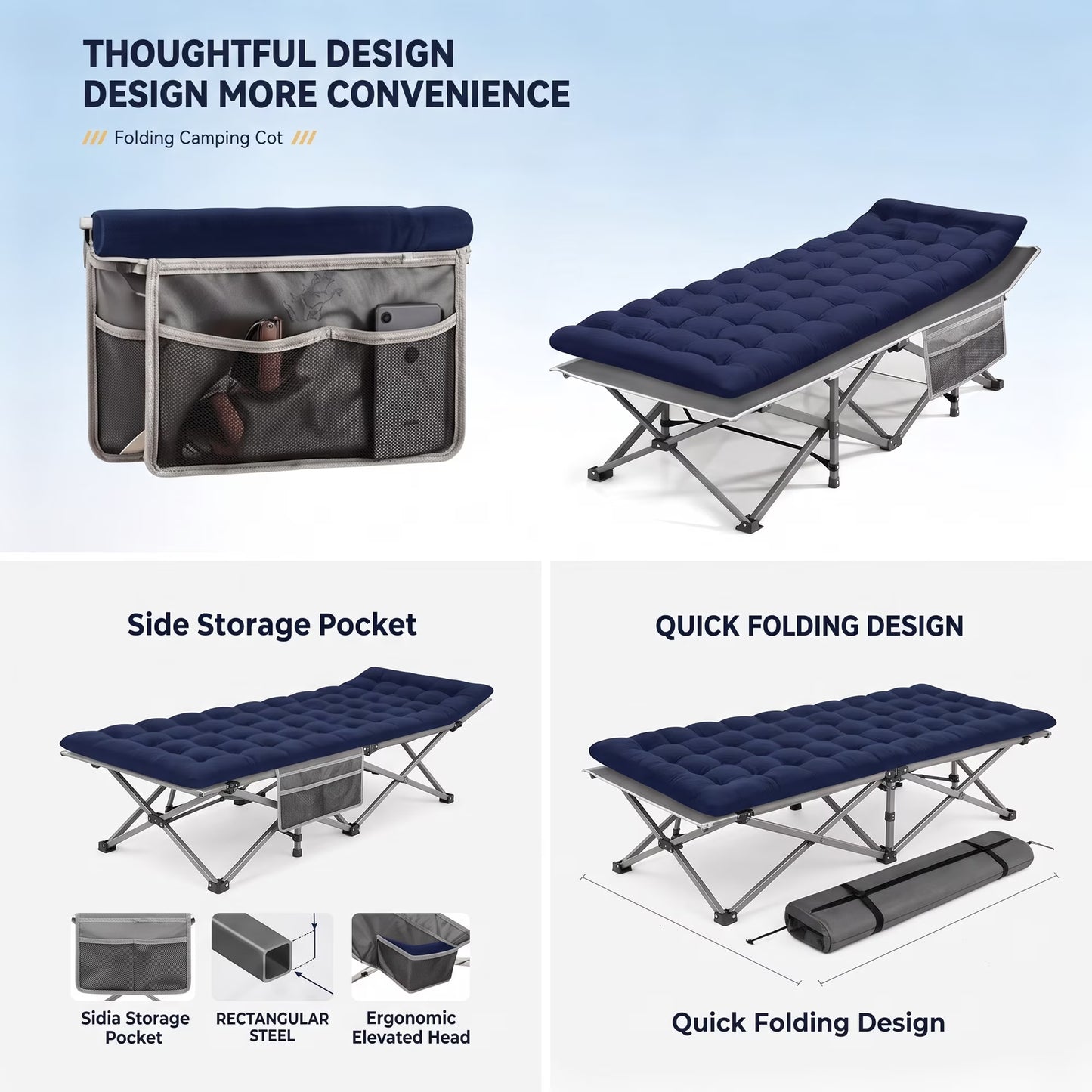 SROEDTY Camping Cot, Folding Camping Cot Bed for Adults Sleeping 1200D Double Layer Oxford Portable Folding Outdoor Cots for Camping W/Soft Pad Carry Bag for Home Office Nap Beach Travel, 500LBS,Grey