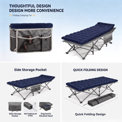 SROEDTY Camping Cot, Folding Camping Cot Bed for Adults Sleeping 1200D Double Layer Oxford Portable Folding Outdoor Cots for Camping W/Soft Pad Carry Bag for Home Office Nap Beach Travel, 500LBS,Grey