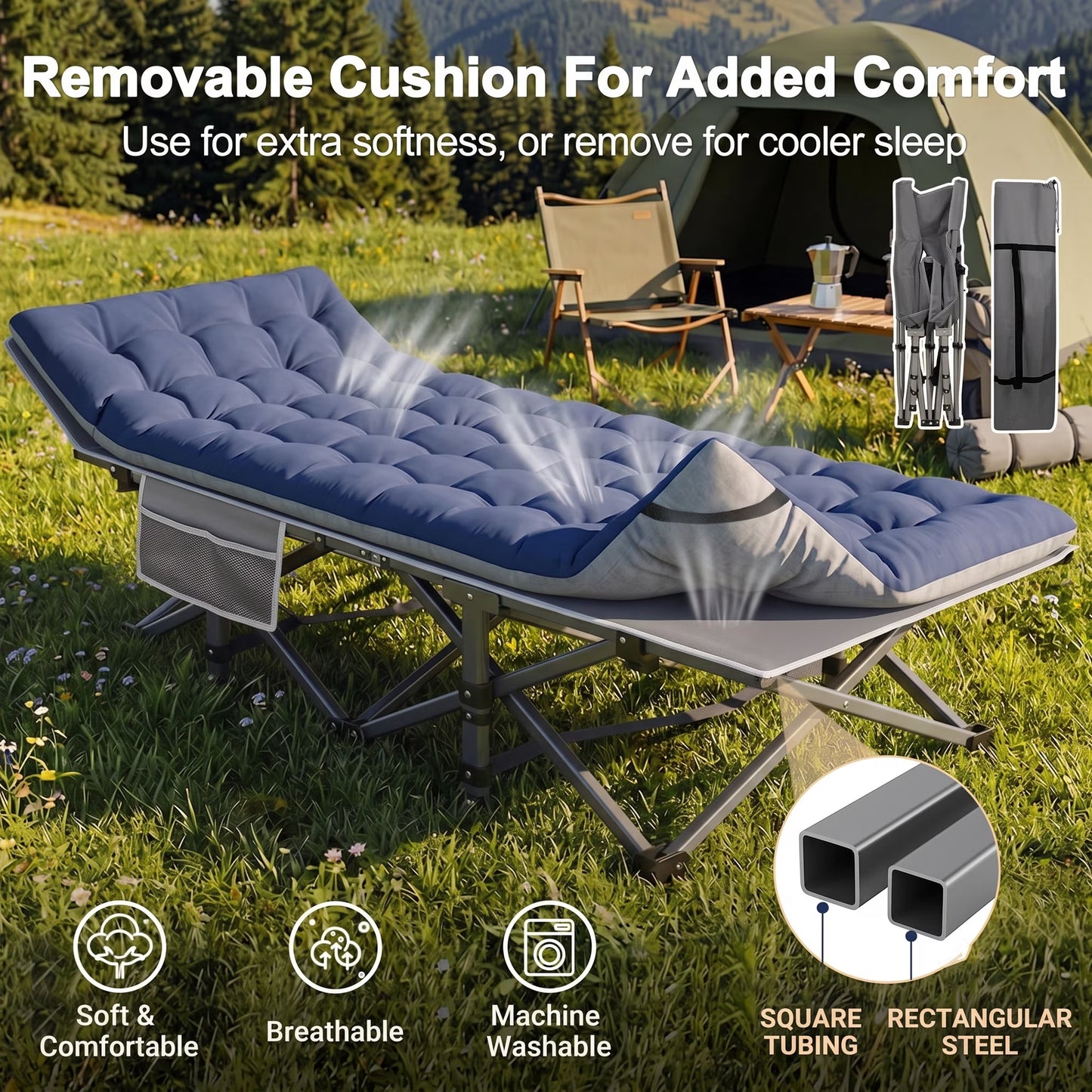 SROEDTY Camping Cot, Folding Camping Cot Bed for Adults Sleeping 1200D Double Layer Oxford Portable Folding Outdoor Cots for Camping W/Soft Pad Carry Bag for Home Office Nap Beach Travel, 500LBS,Grey